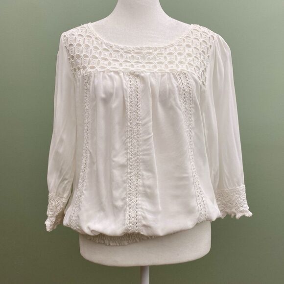 Solitaire Top Womens Medium White Lace Bubble Hem Cottagecore Peasant Blouse - Picture 1 of 11